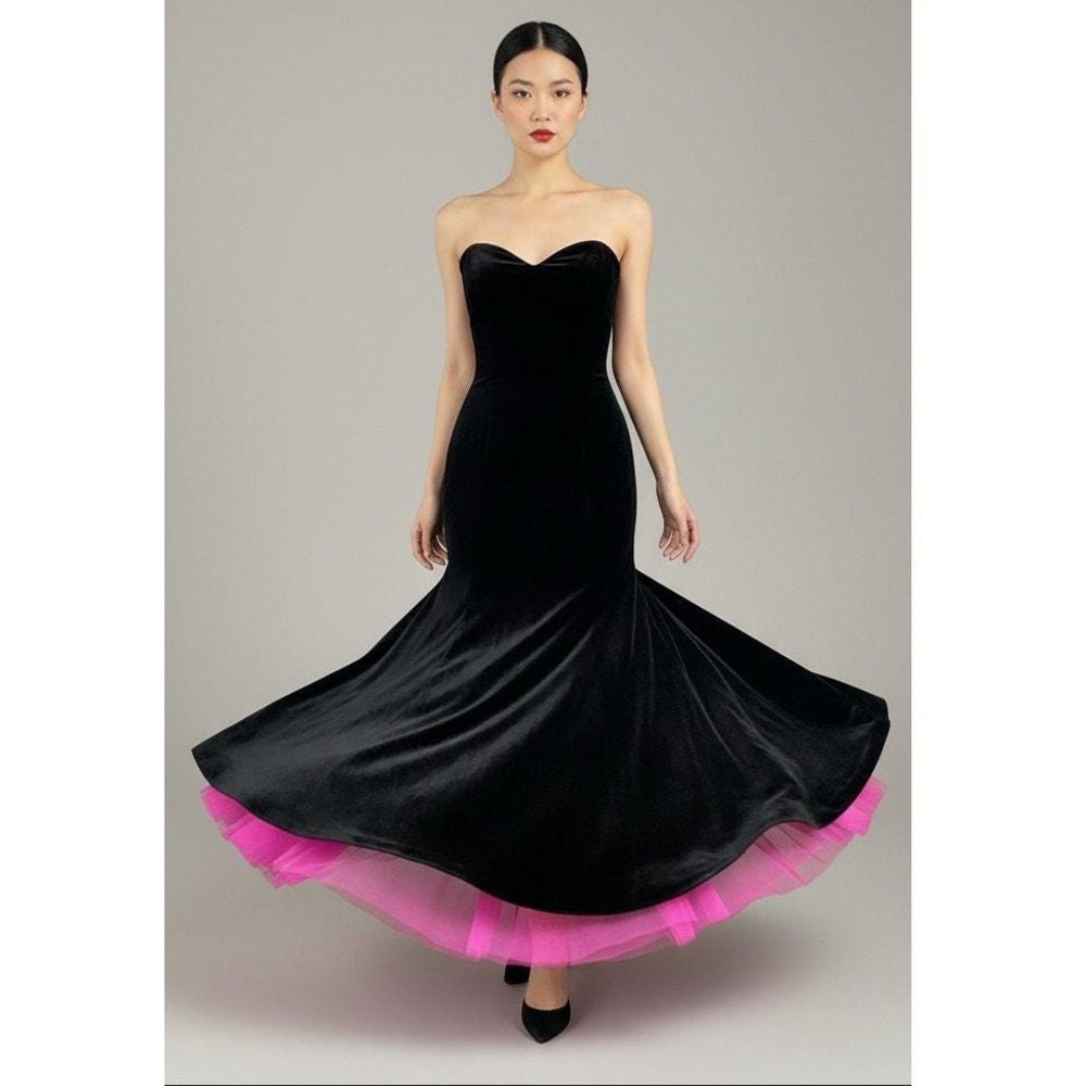Black Velvet Strapless Mermaid Gown Hot Pink Tulle Hem Sweetheart Formal Dress